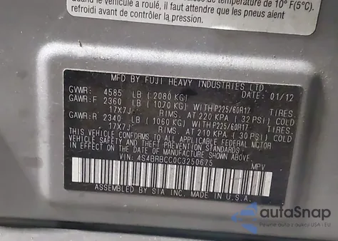 2012 Subaru Outback 2.5I Premium z USA, uszkodzony, nr VIN 4S4BRBCC0C3250675